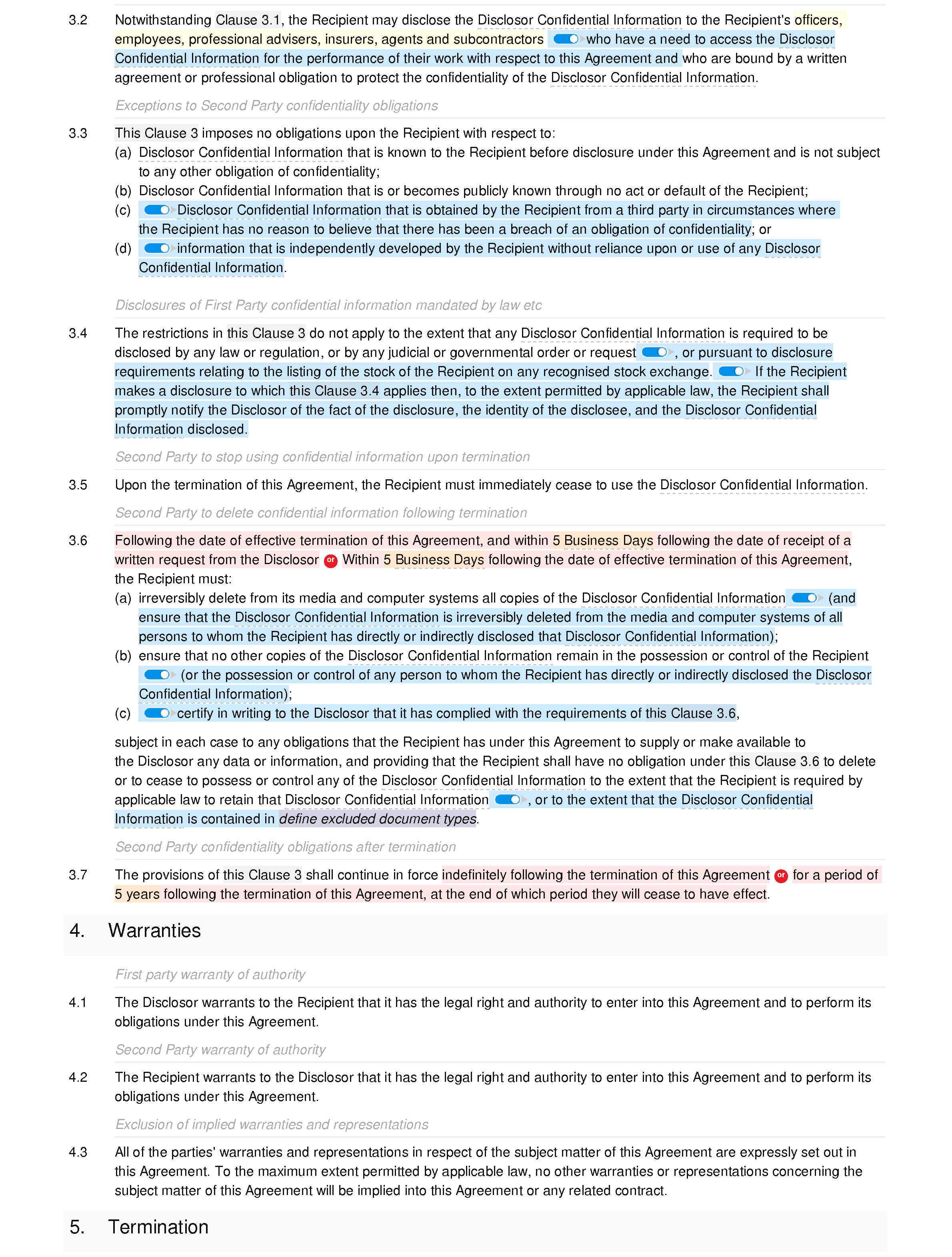 Online non-disclosure agreement (unilateral) document editor preview