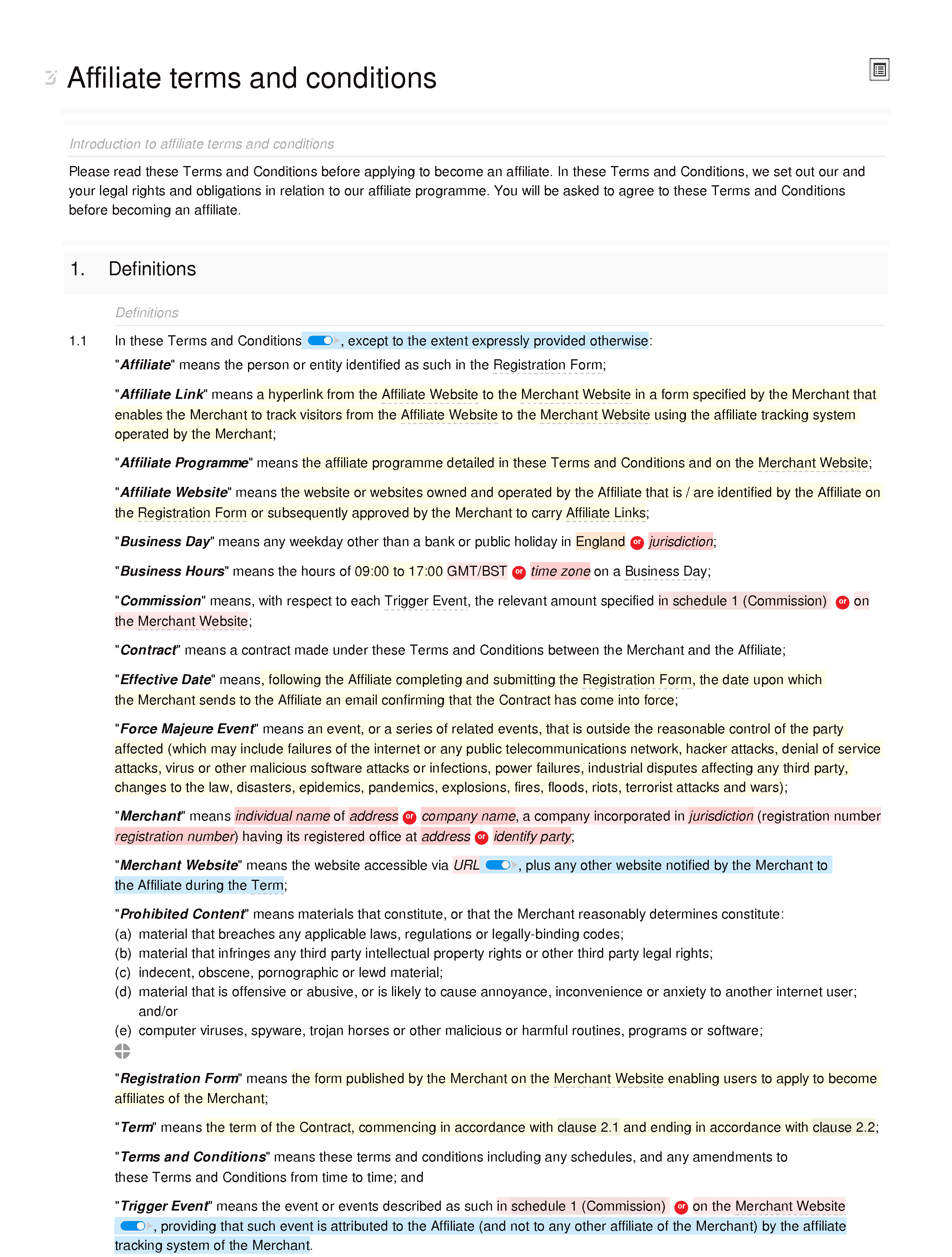 Affiliate terms and conditions (standard) document editor preview