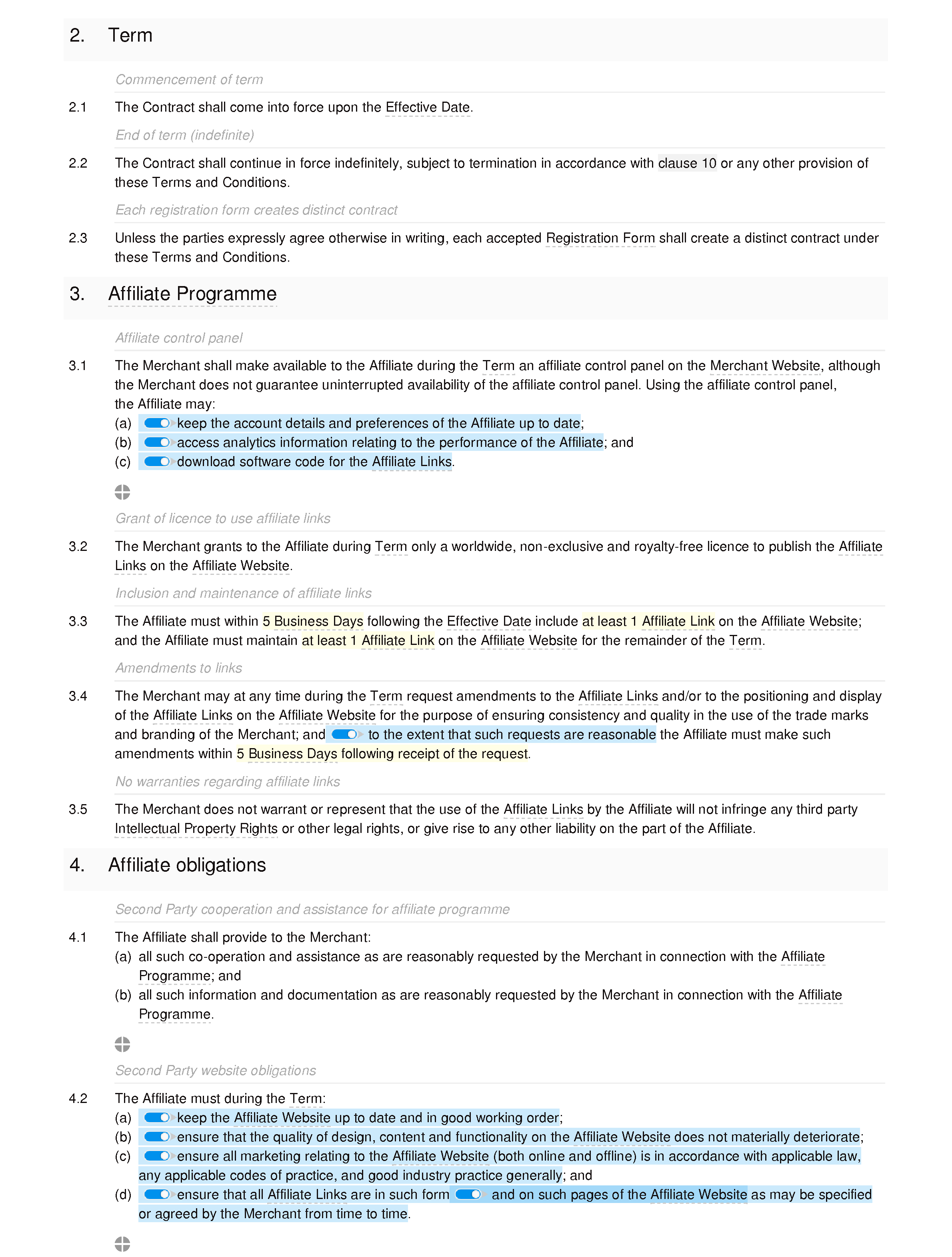 Affiliate terms and conditions (standard) document editor preview