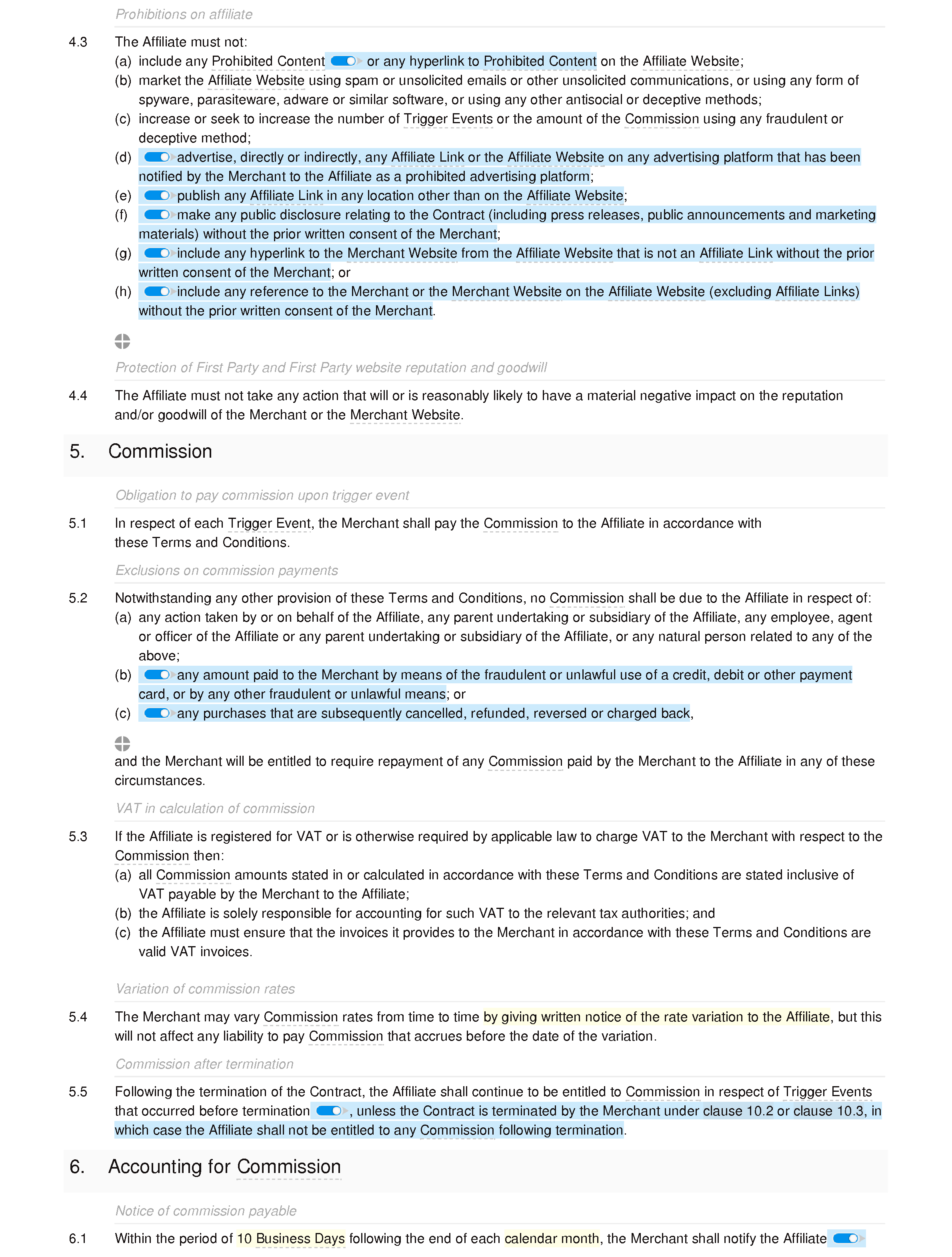 Affiliate terms and conditions (standard) document editor preview