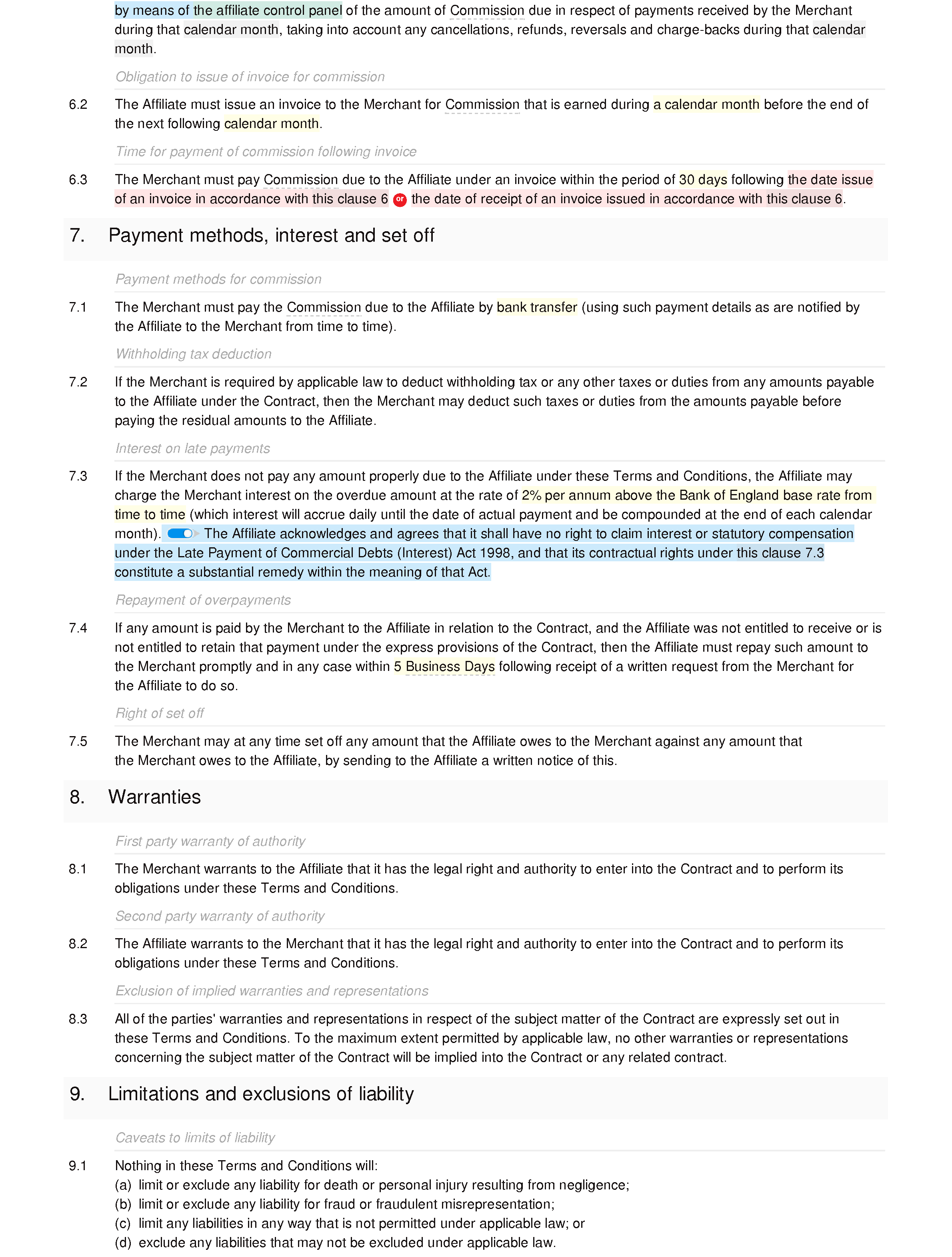 Affiliate terms and conditions (standard) document editor preview