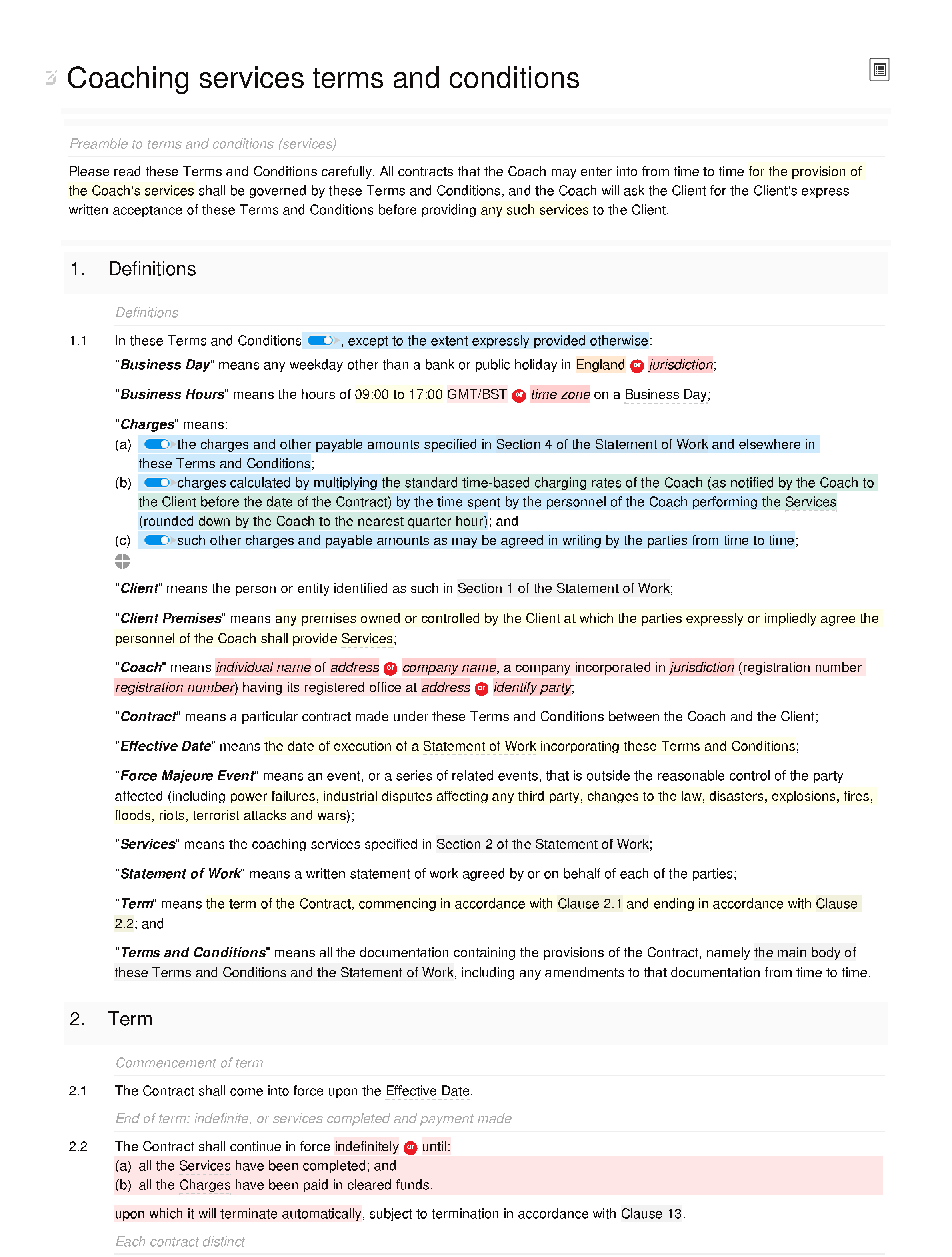 Coaching services terms and conditions document editor preview