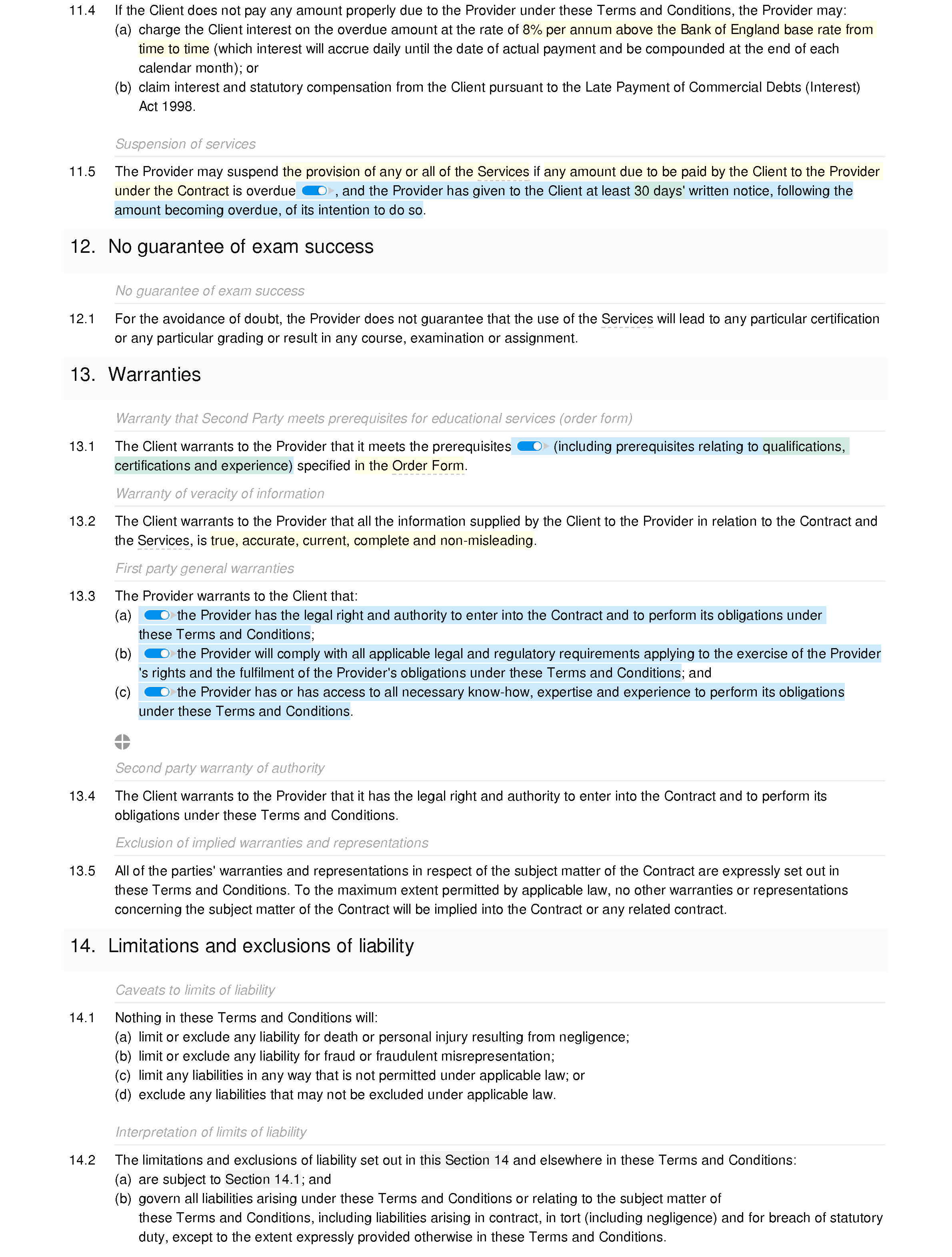 Online education and training terms and conditions (B2B) document editor preview