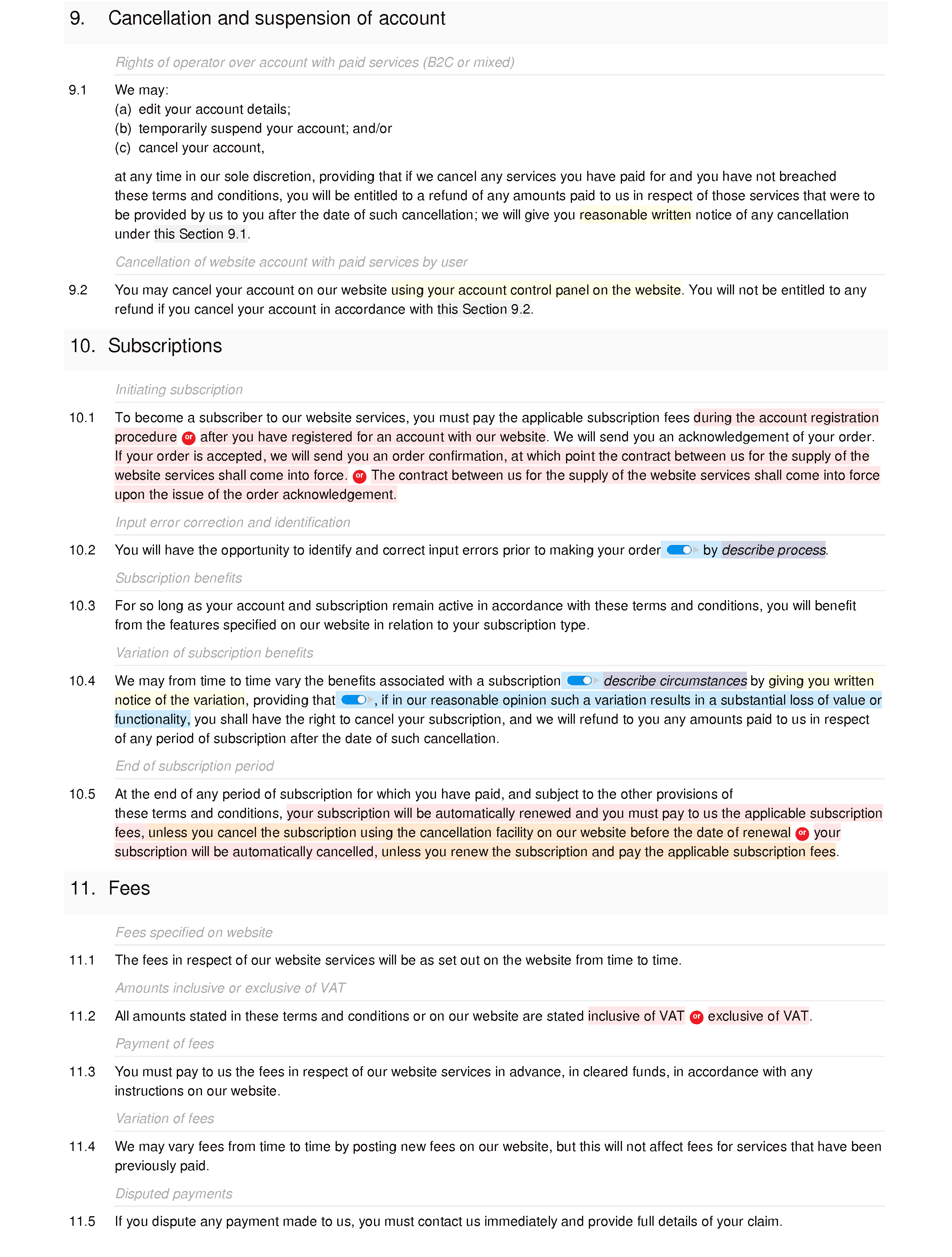 Subscription and affiliate website terms and conditions document editor preview