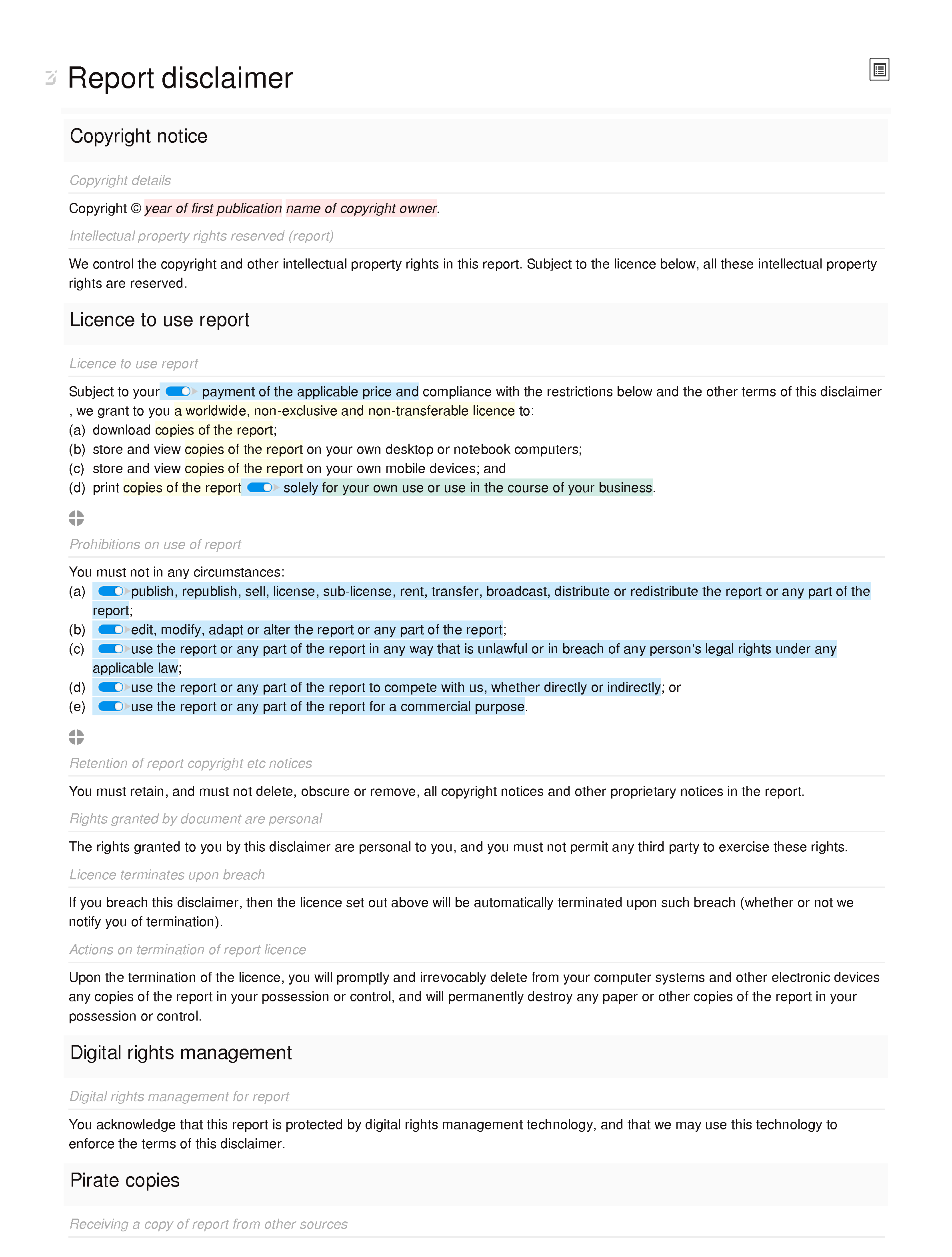 Report disclaimer document editor preview