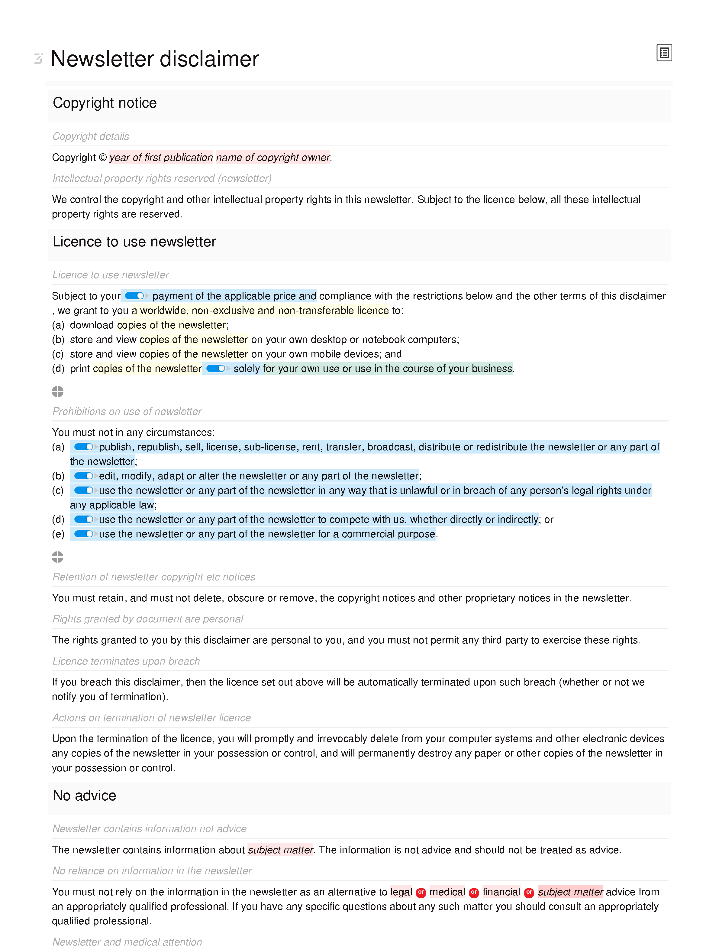 Newsletter disclaimer document editor preview