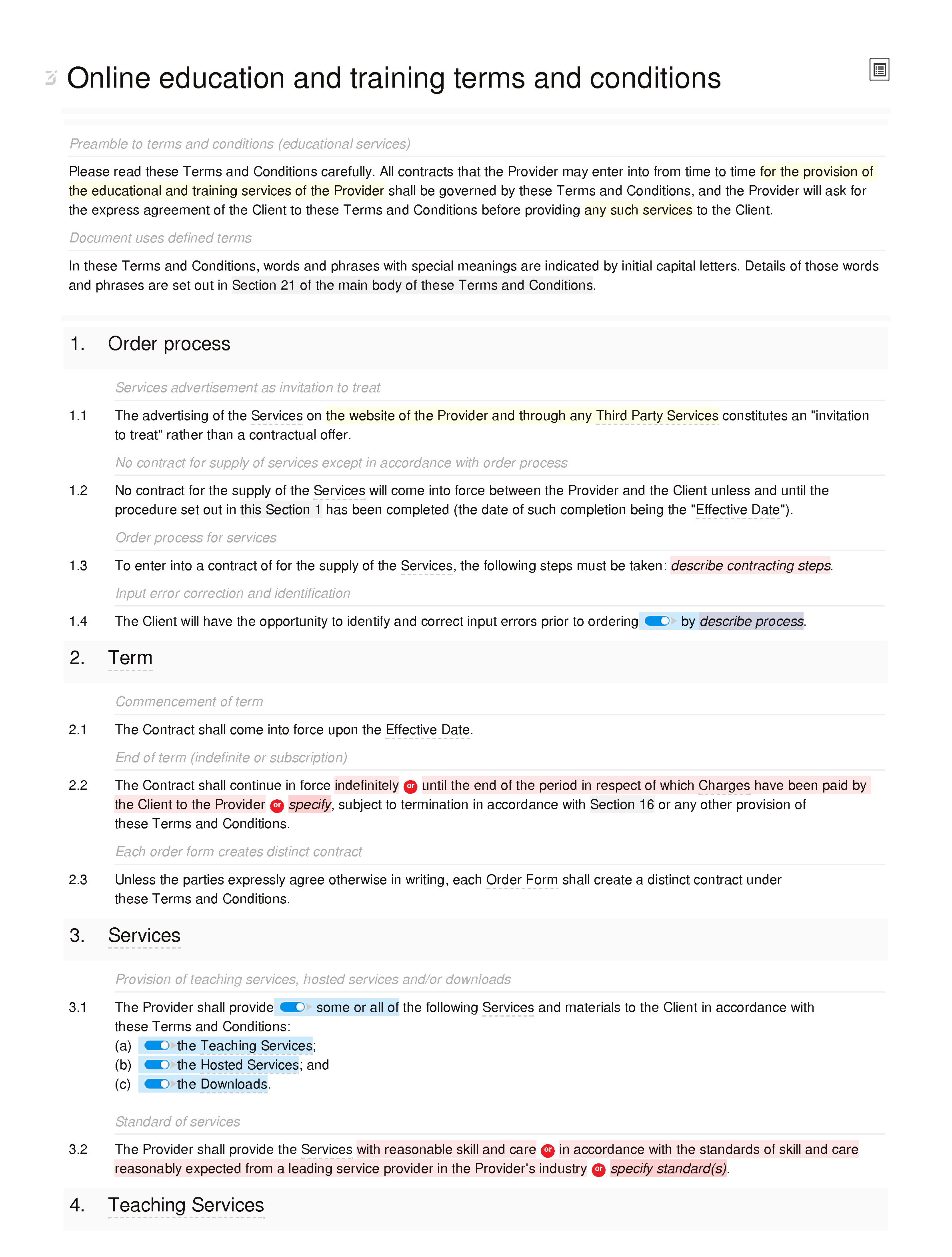 Online education and training terms and conditions (B2C) document editor preview