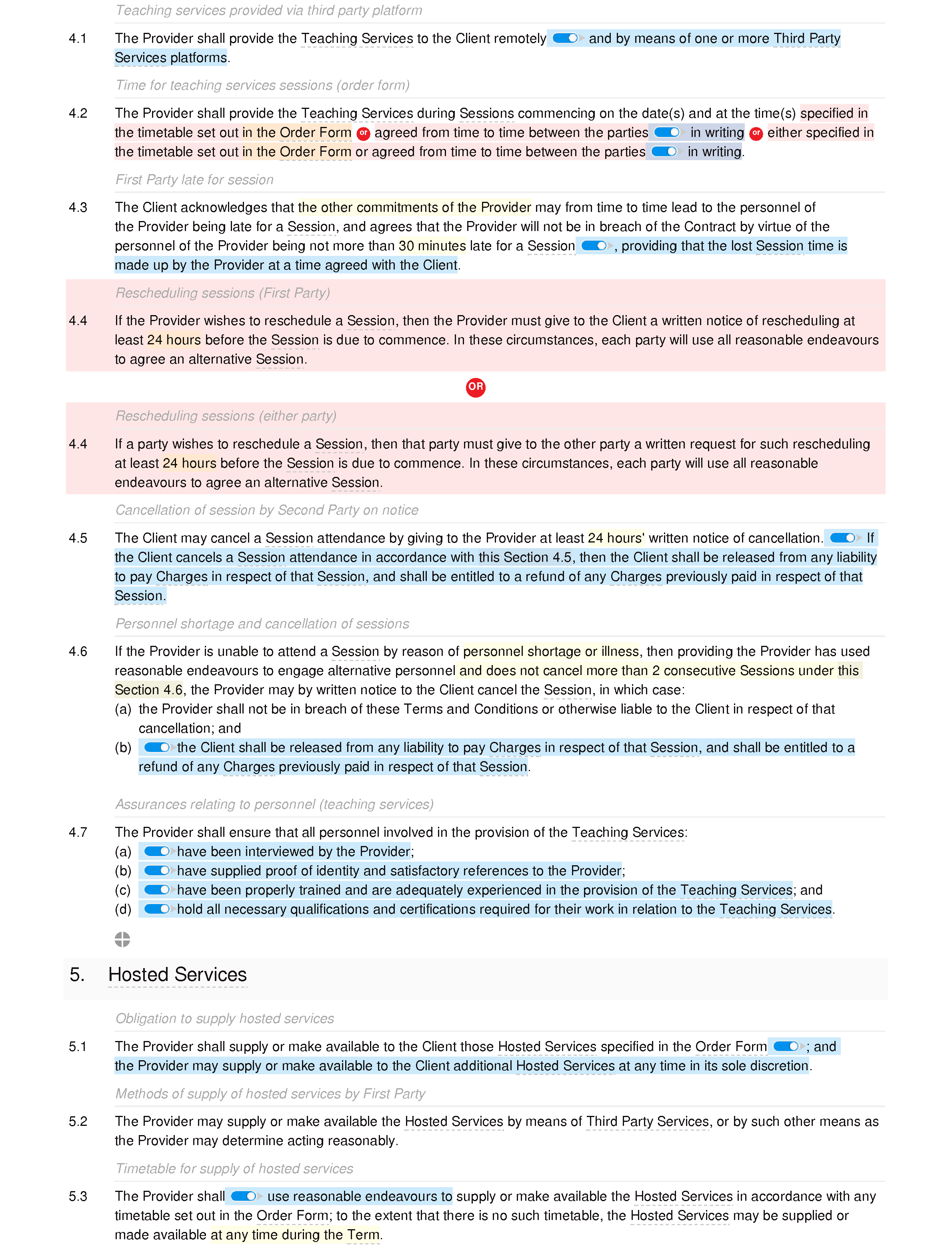 Online education and training terms and conditions (B2C) document editor preview