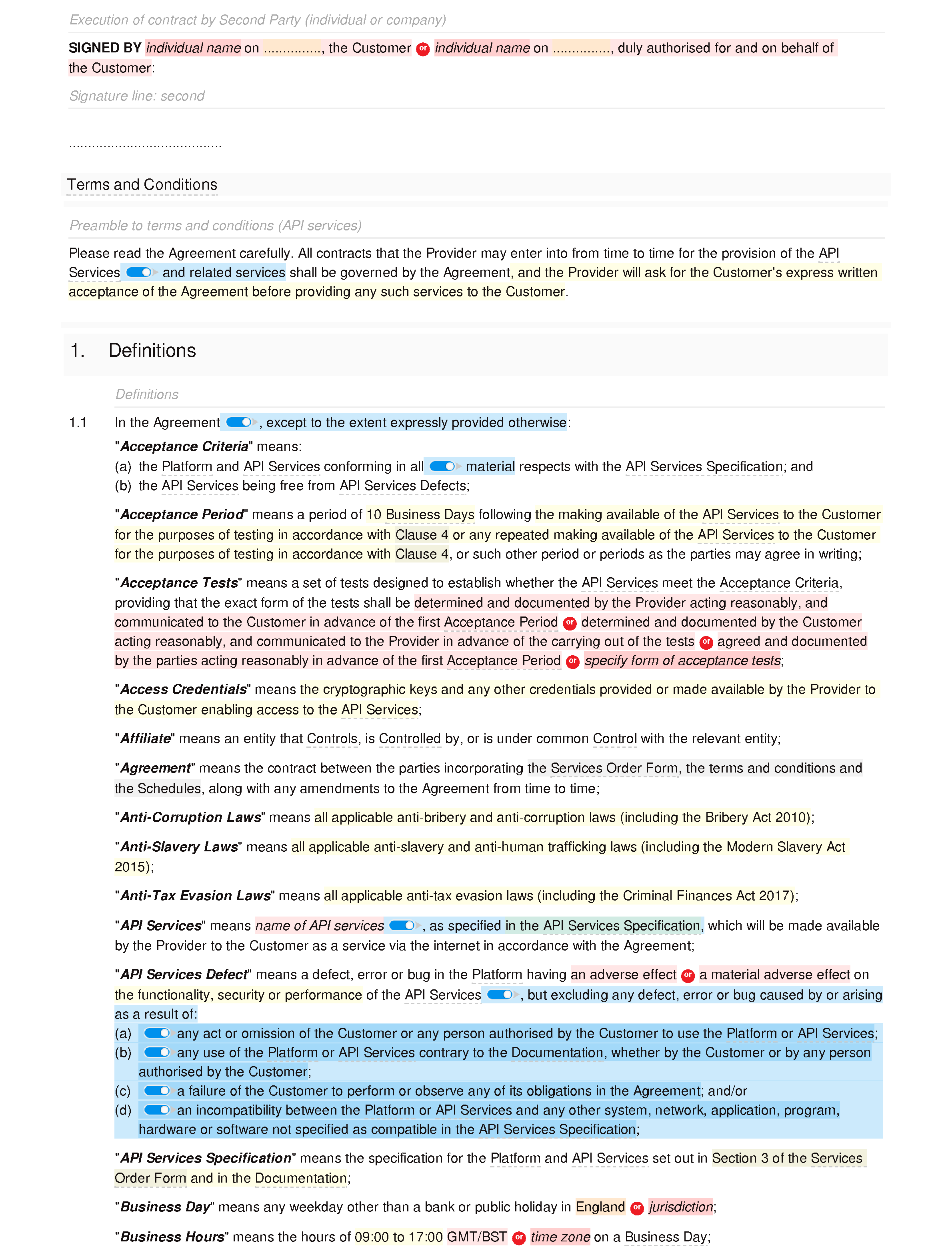 API terms and conditions (premium) document editor preview