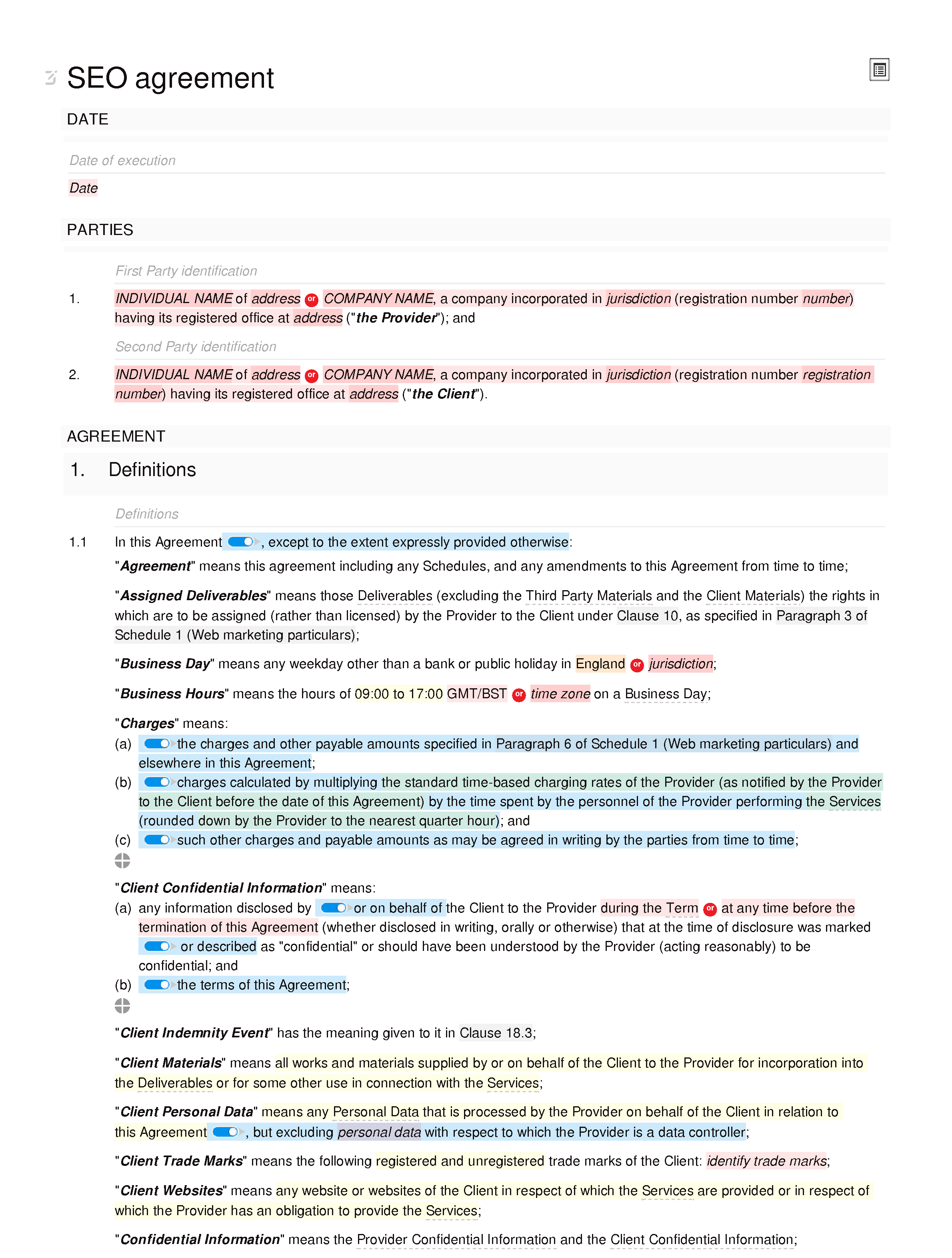 Free SEO agreement document editor preview