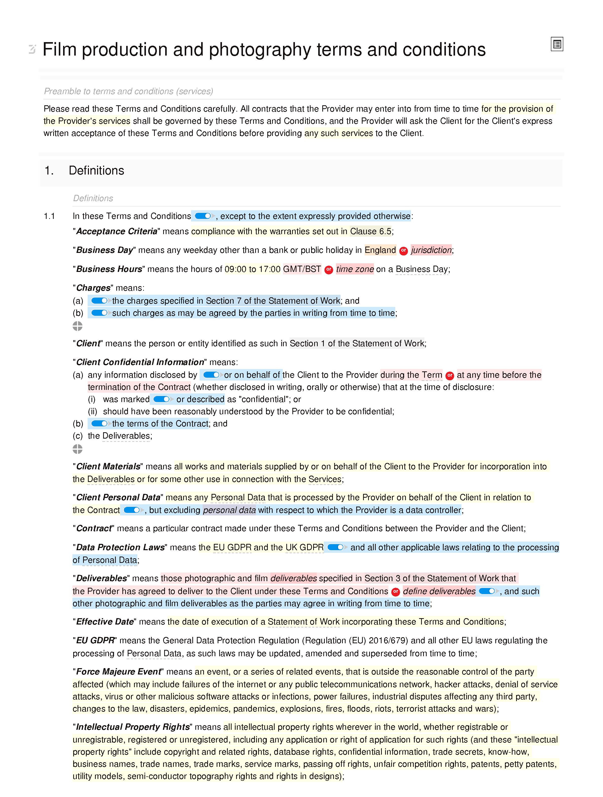 Film production and photography terms and conditions document editor preview