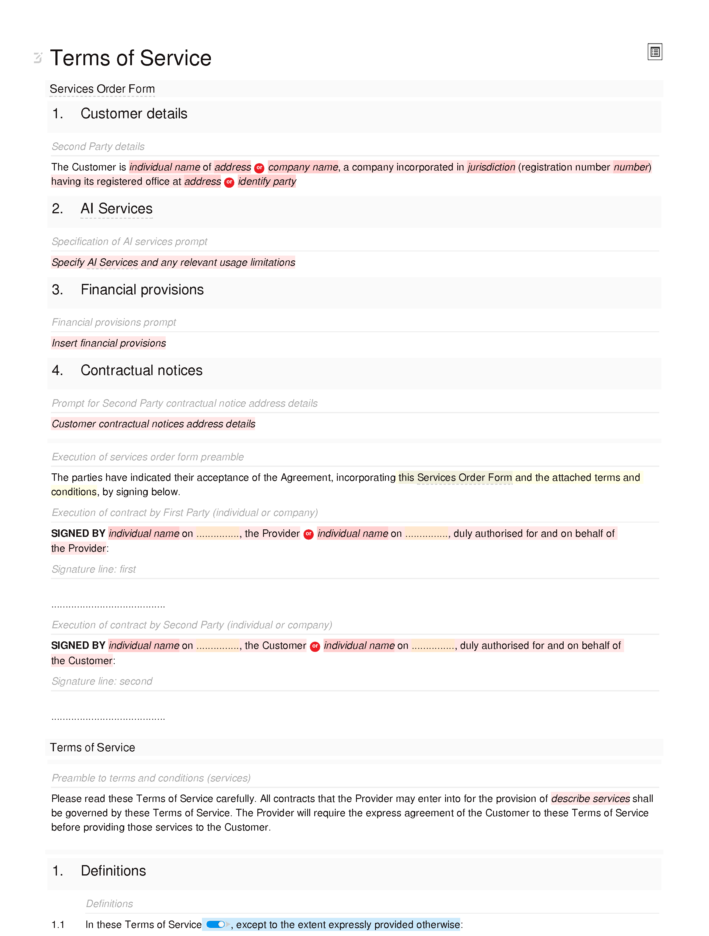 Generative AI terms of service (B2B and B2C) document editor preview