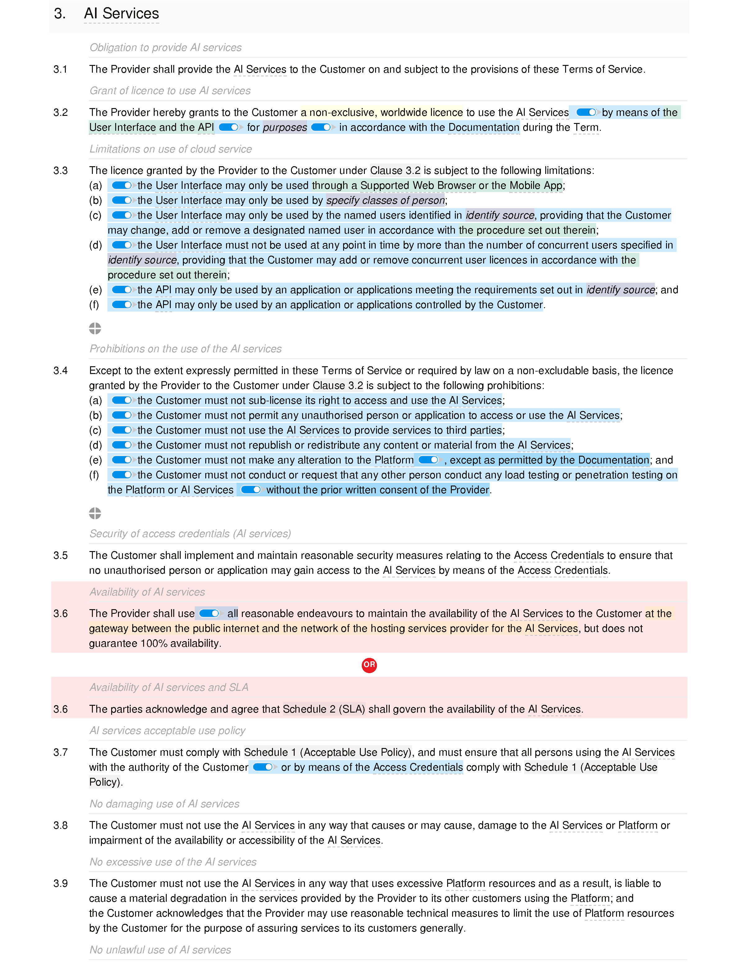 Generative AI terms of service (B2B and B2C) document editor preview