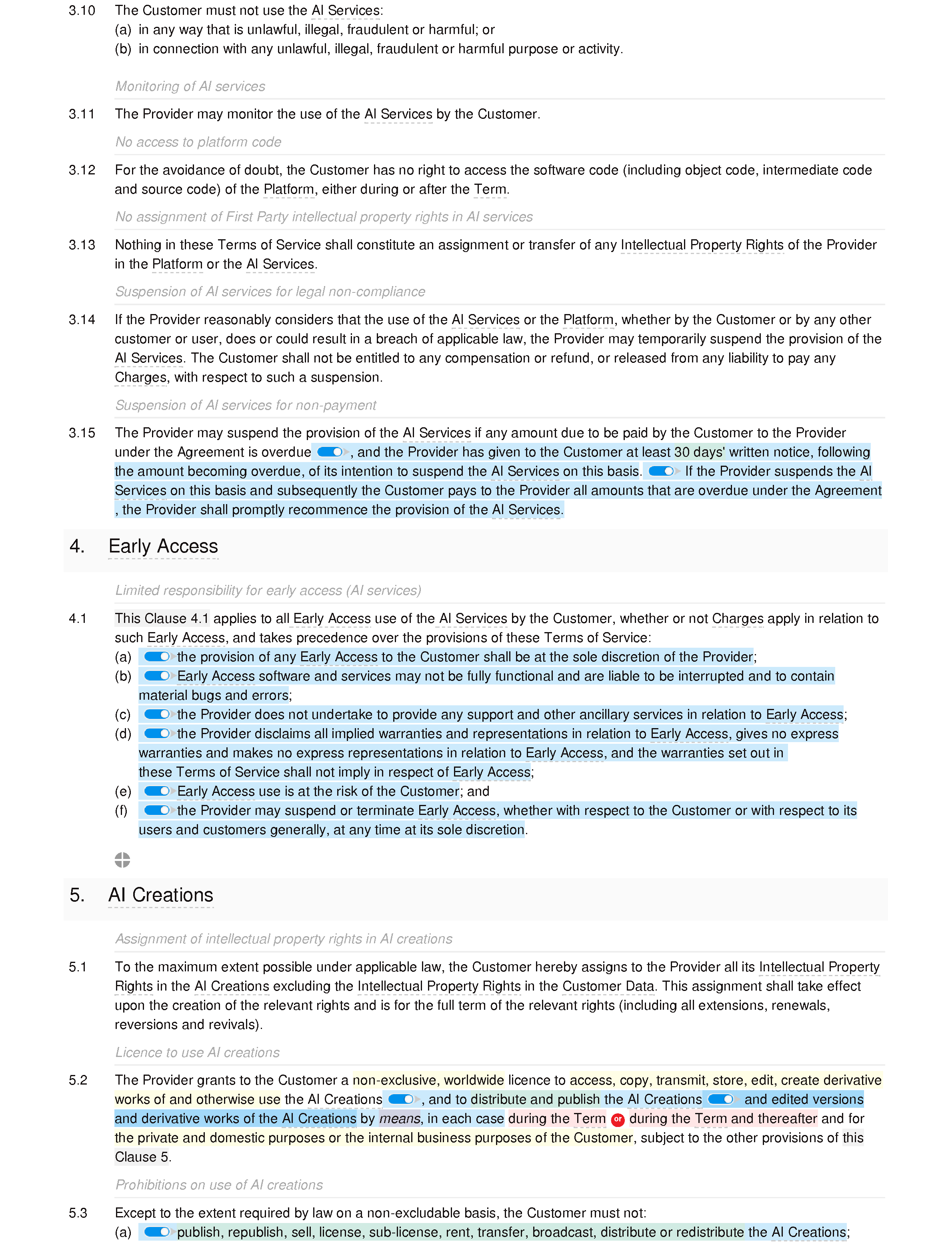 Generative AI terms of service (B2B and B2C) document editor preview