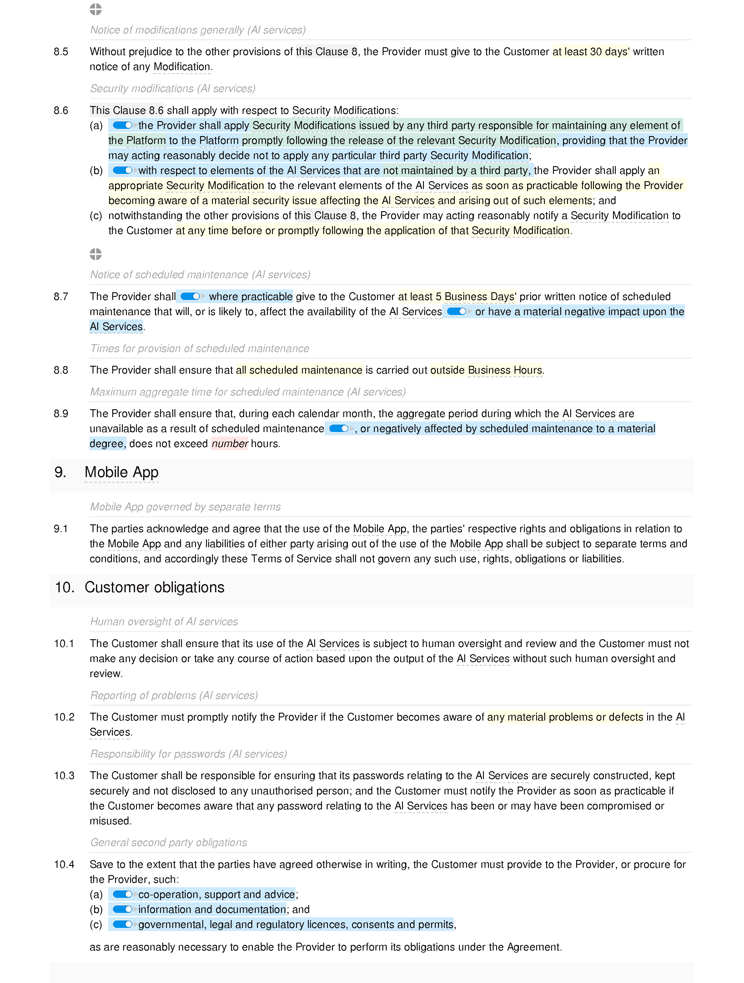 Generative AI terms of service (B2B and B2C) document editor preview