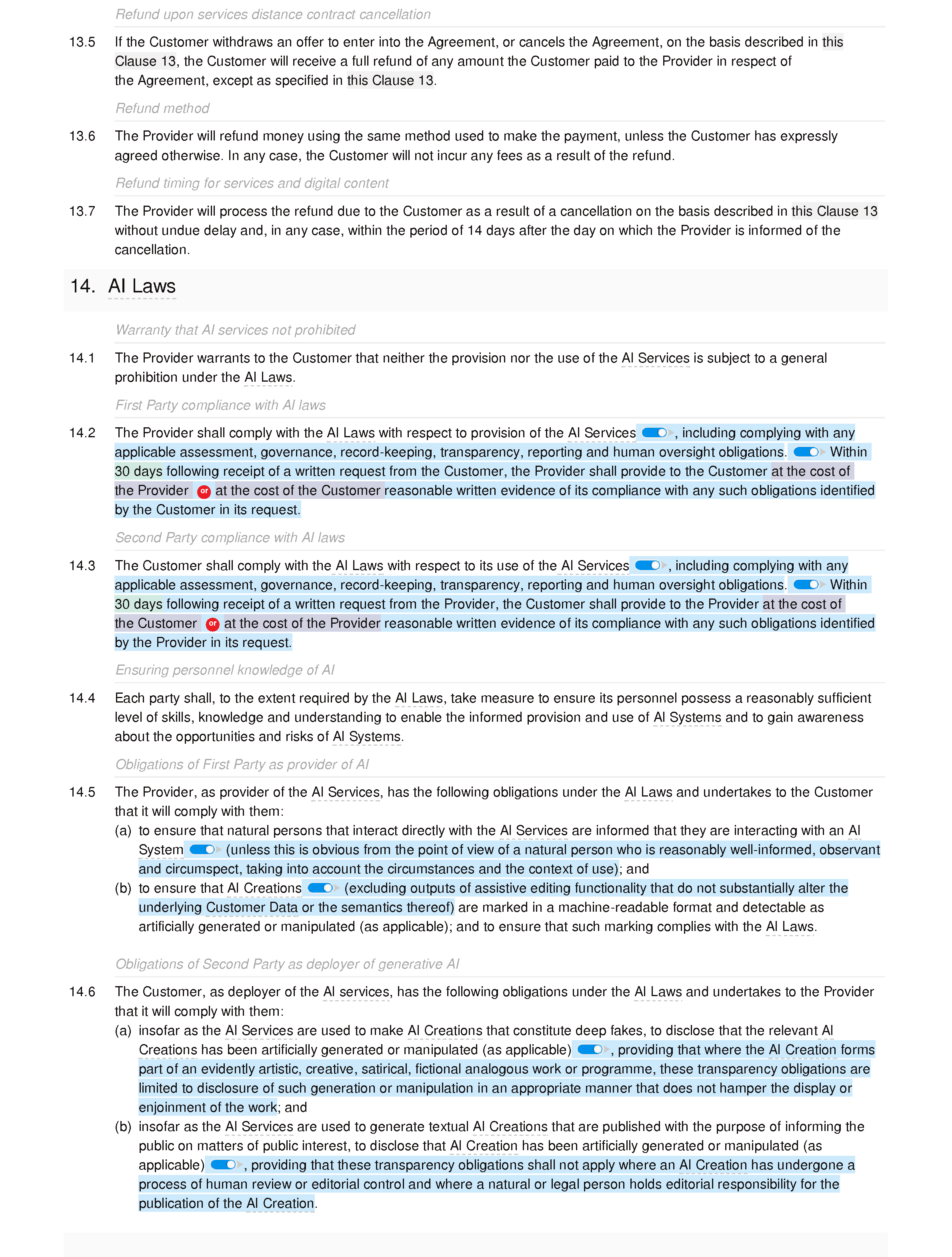 Generative AI terms of service (B2B and B2C) document editor preview