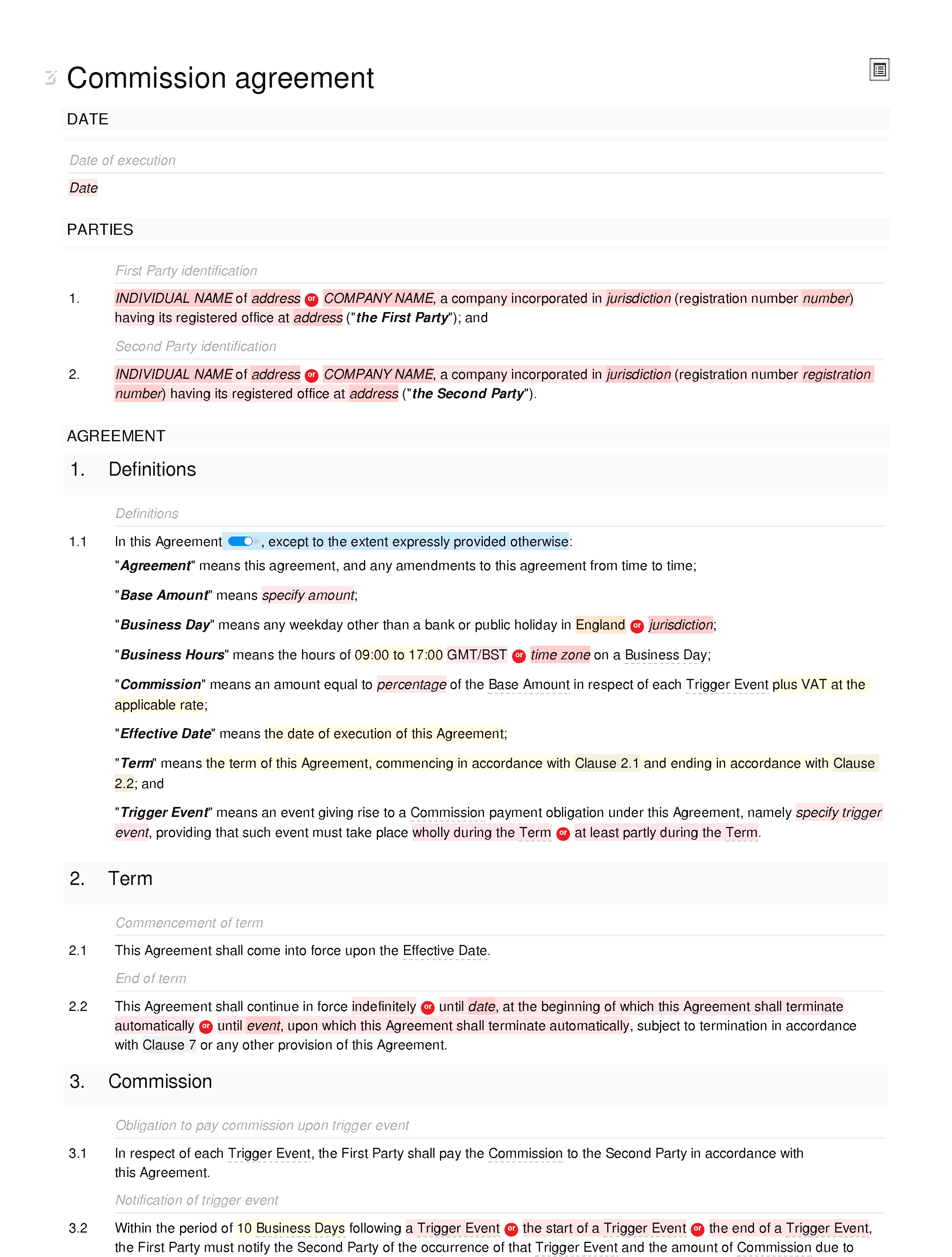 Commission agreement document editor preview