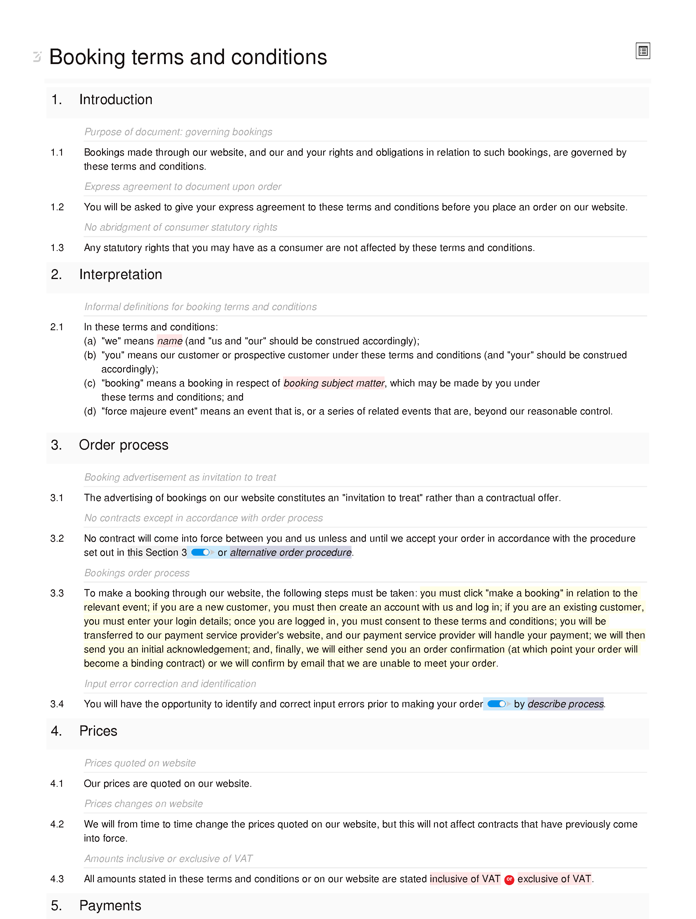 Online booking terms and conditions (B2B and B2C) document editor preview