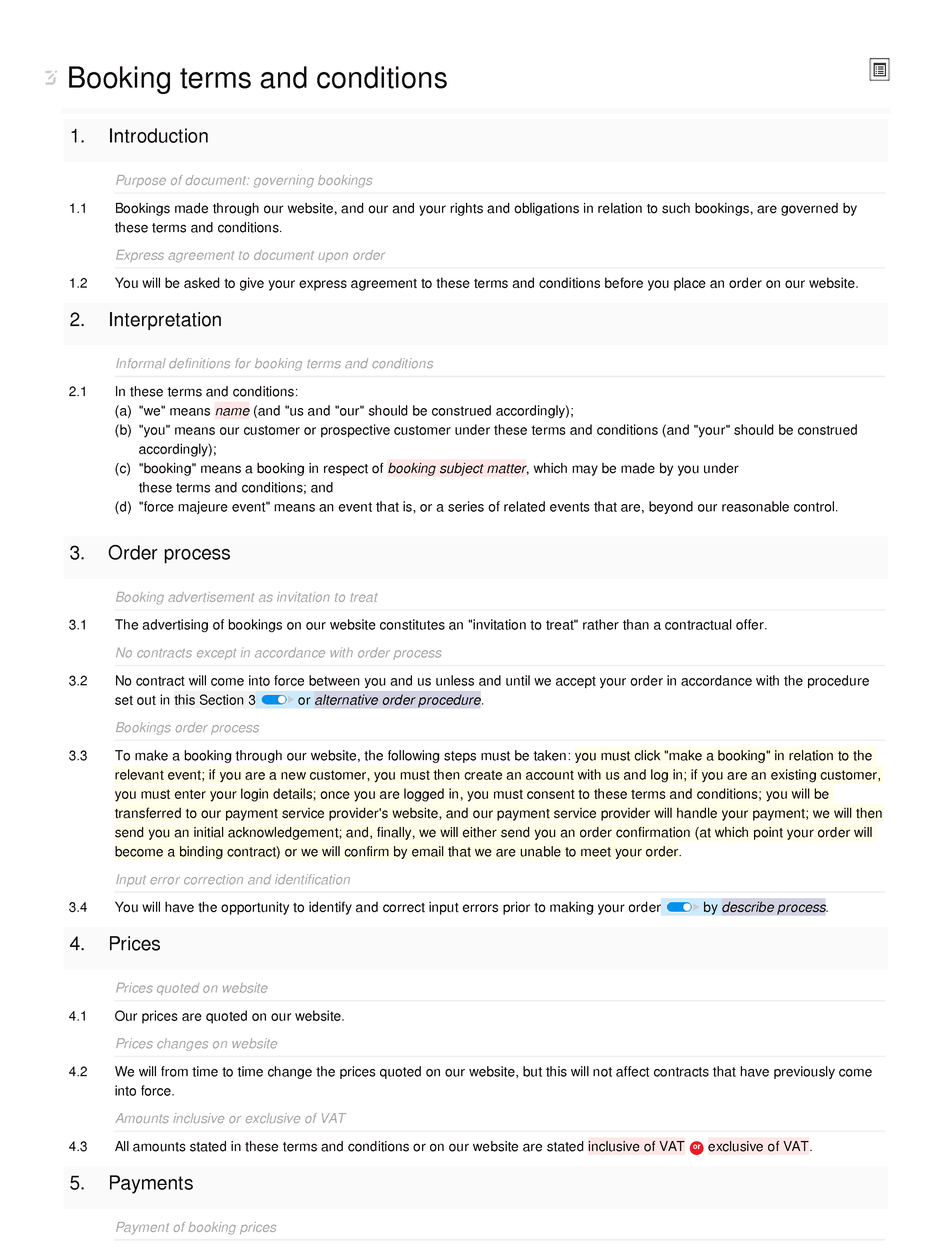 Online booking terms and conditions (B2B) document editor preview