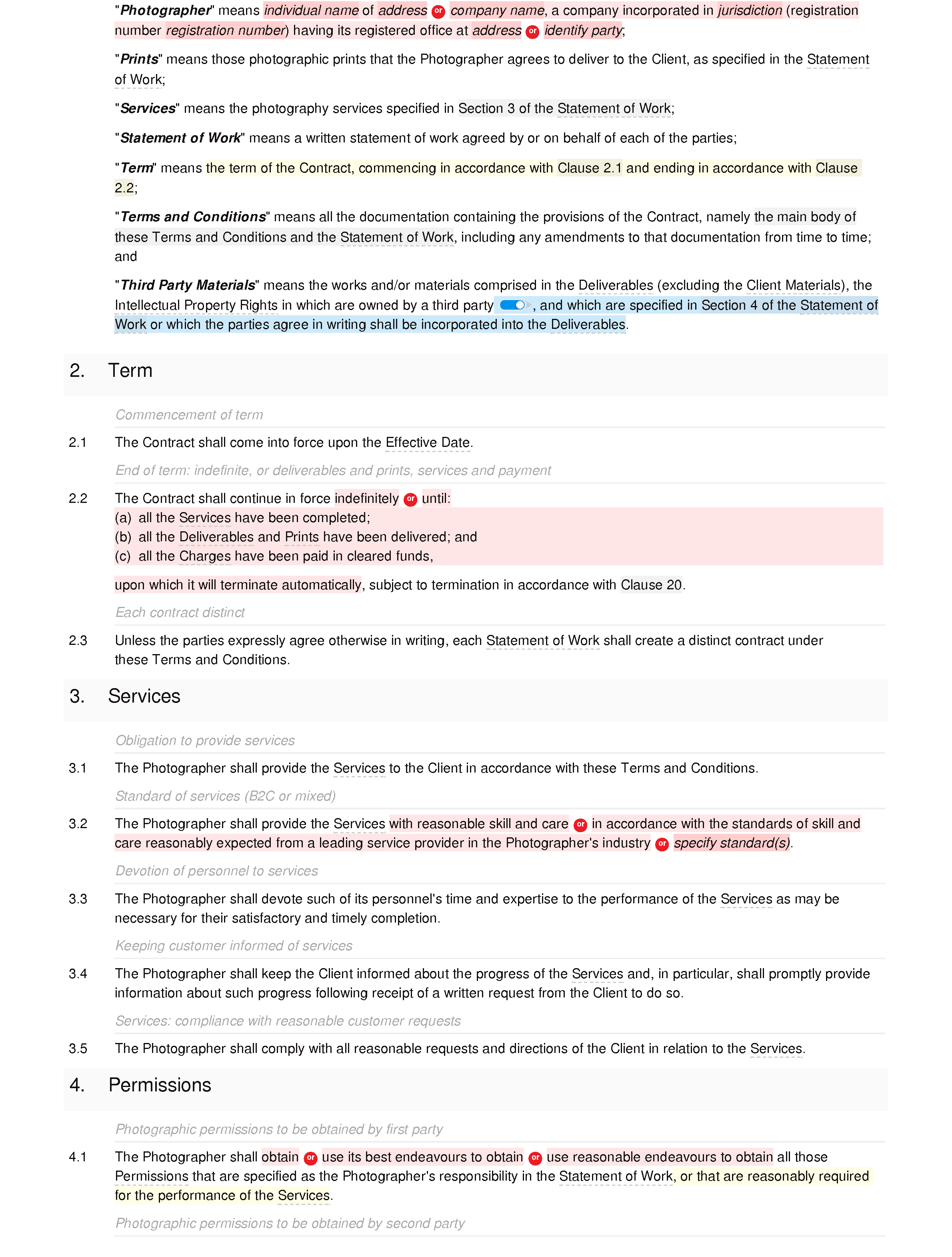Wedding photography terms and conditions document editor preview