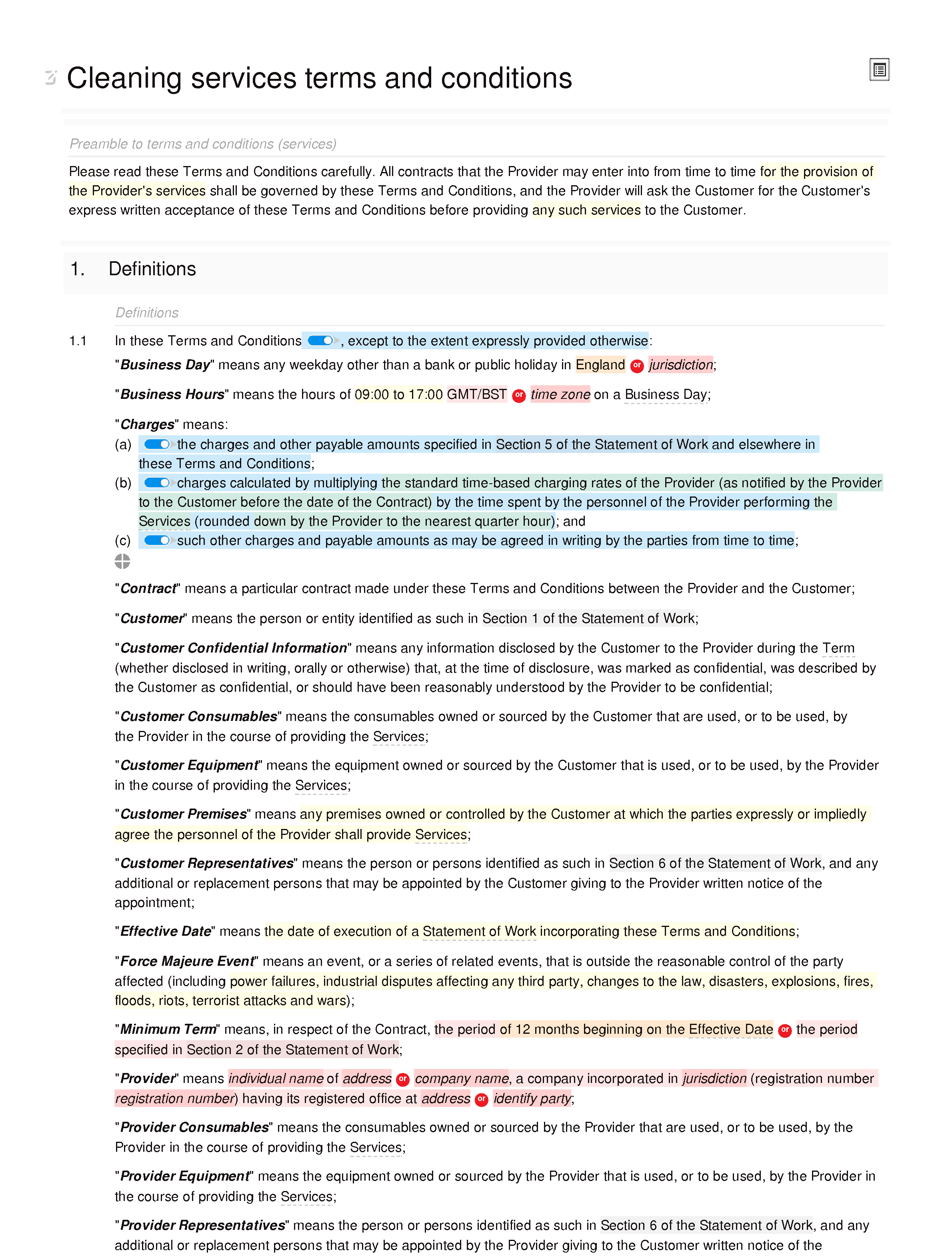 Cleaning services terms and conditions document editor preview