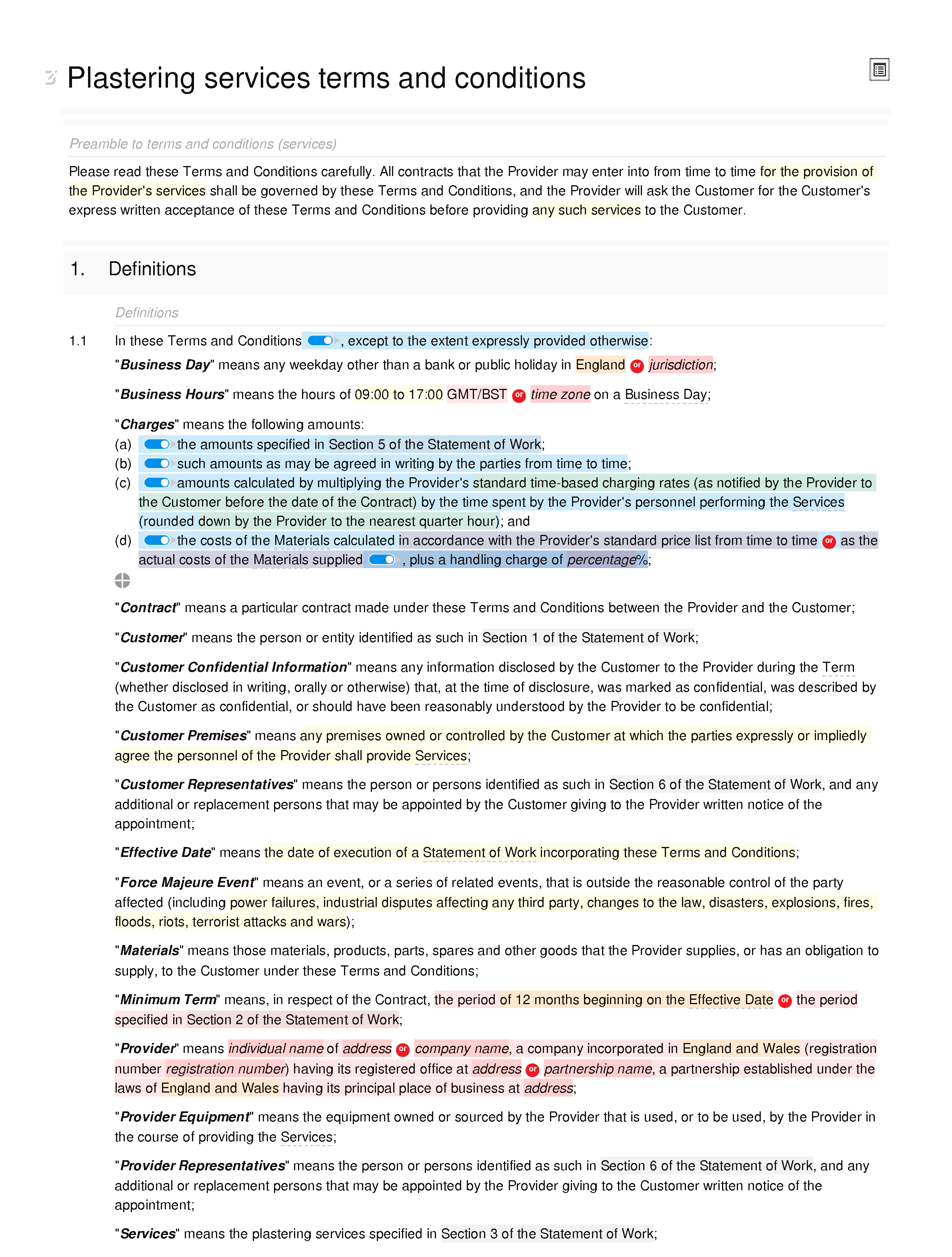 Plastering services terms and conditions document editor preview