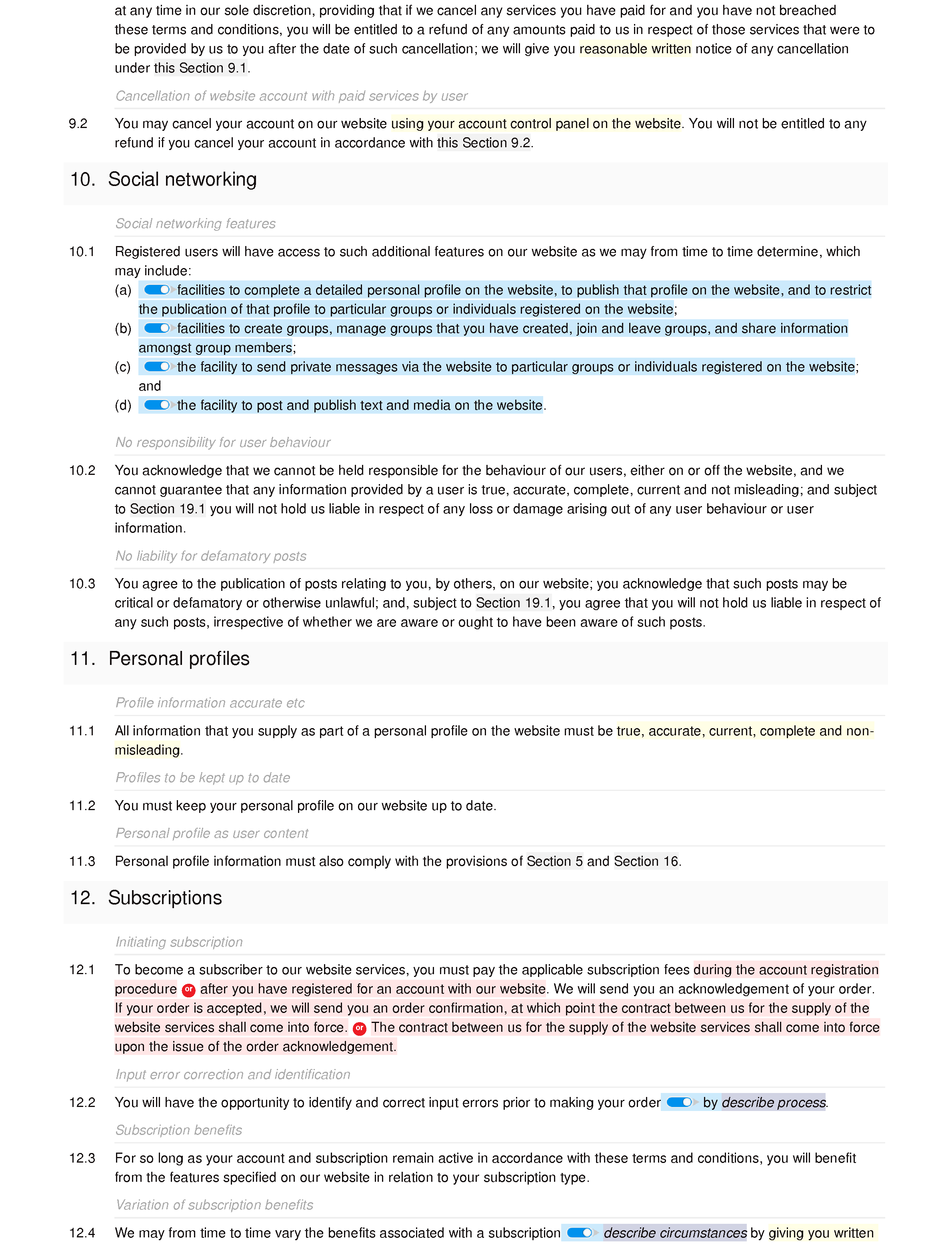 Social network and subscription website terms and conditions document editor preview