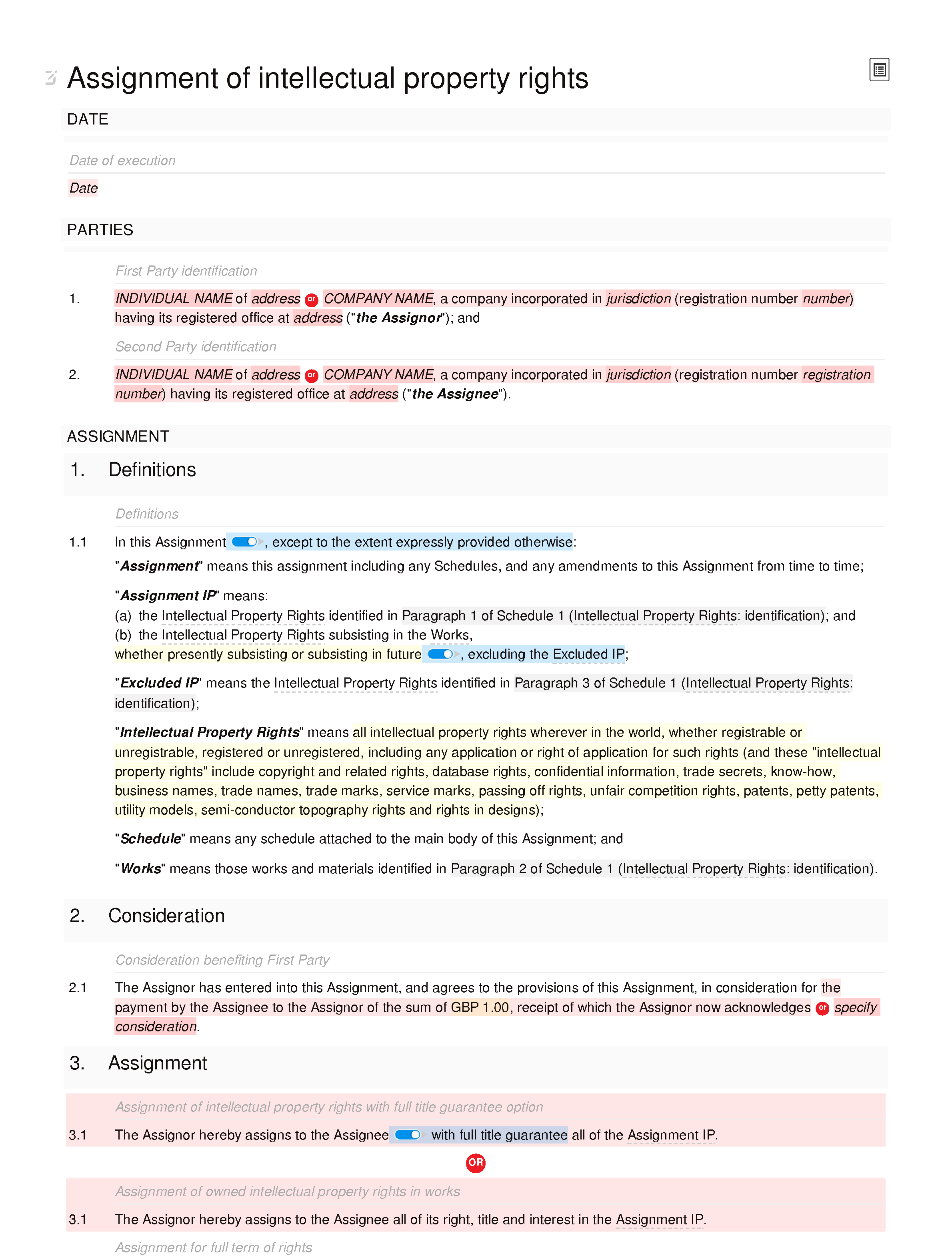 Assignment of intellectual property rights document editor preview