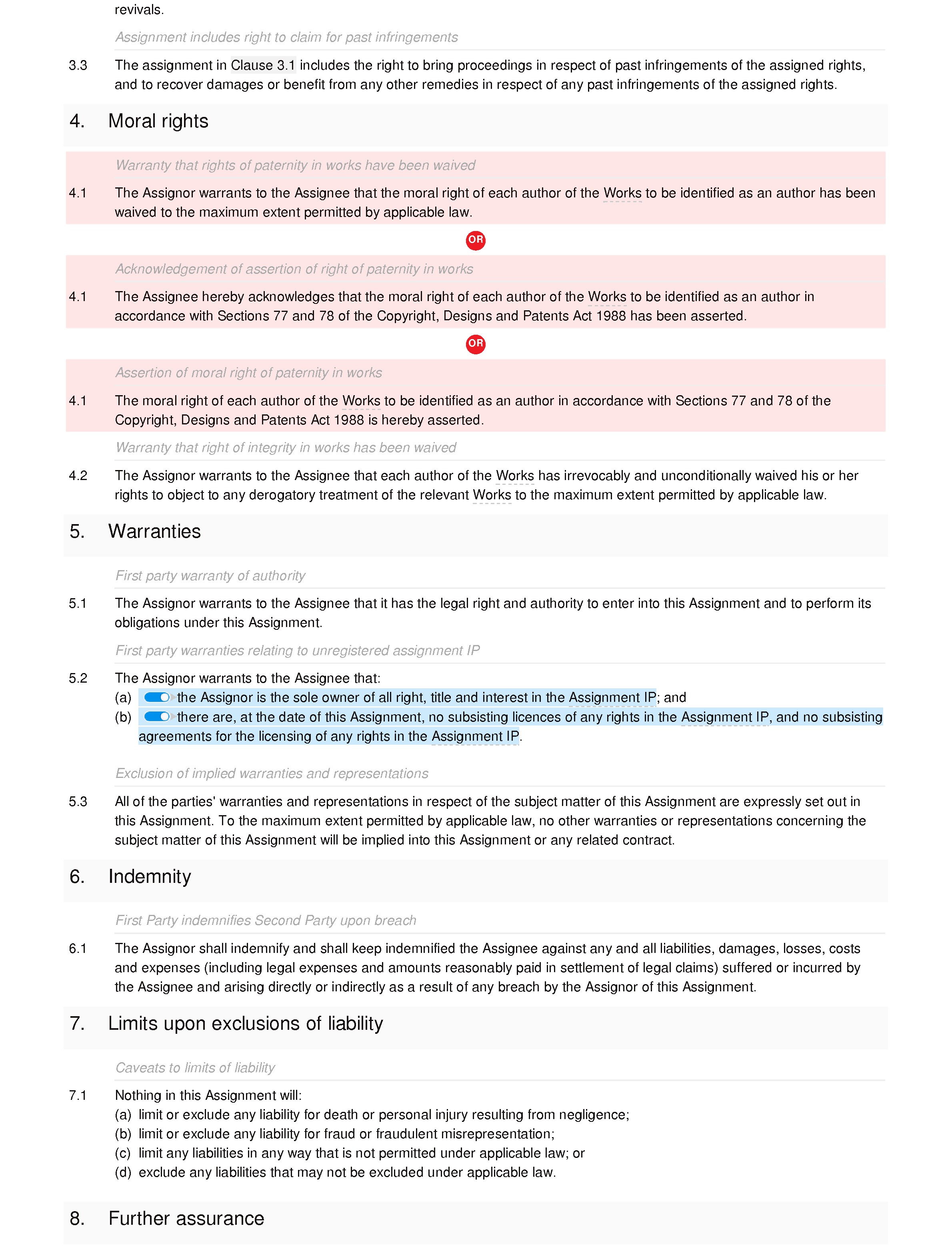 Assignment of rights in software document editor preview