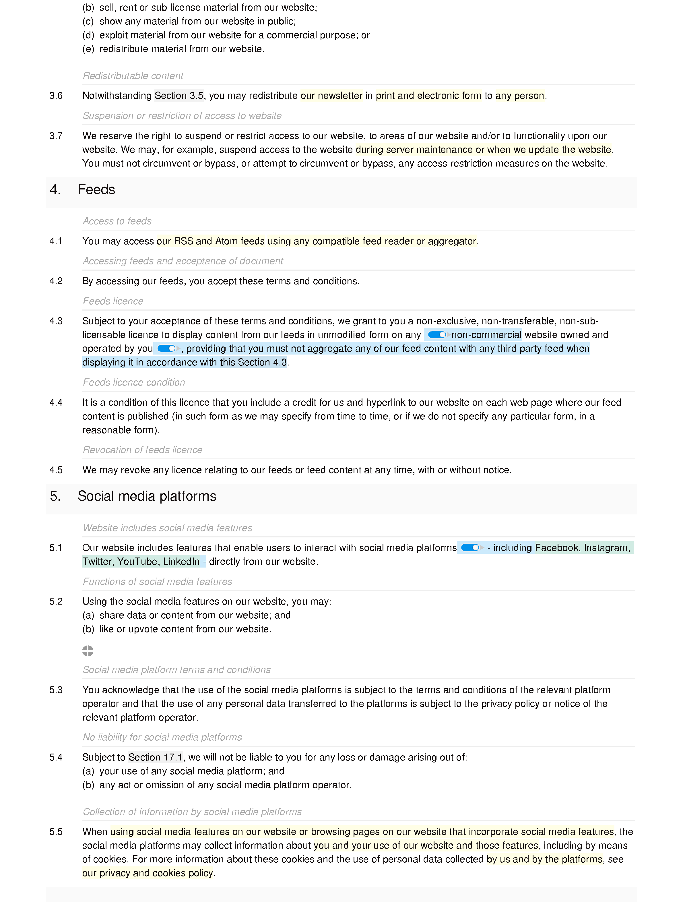 News and affiliate website terms and conditions document editor preview