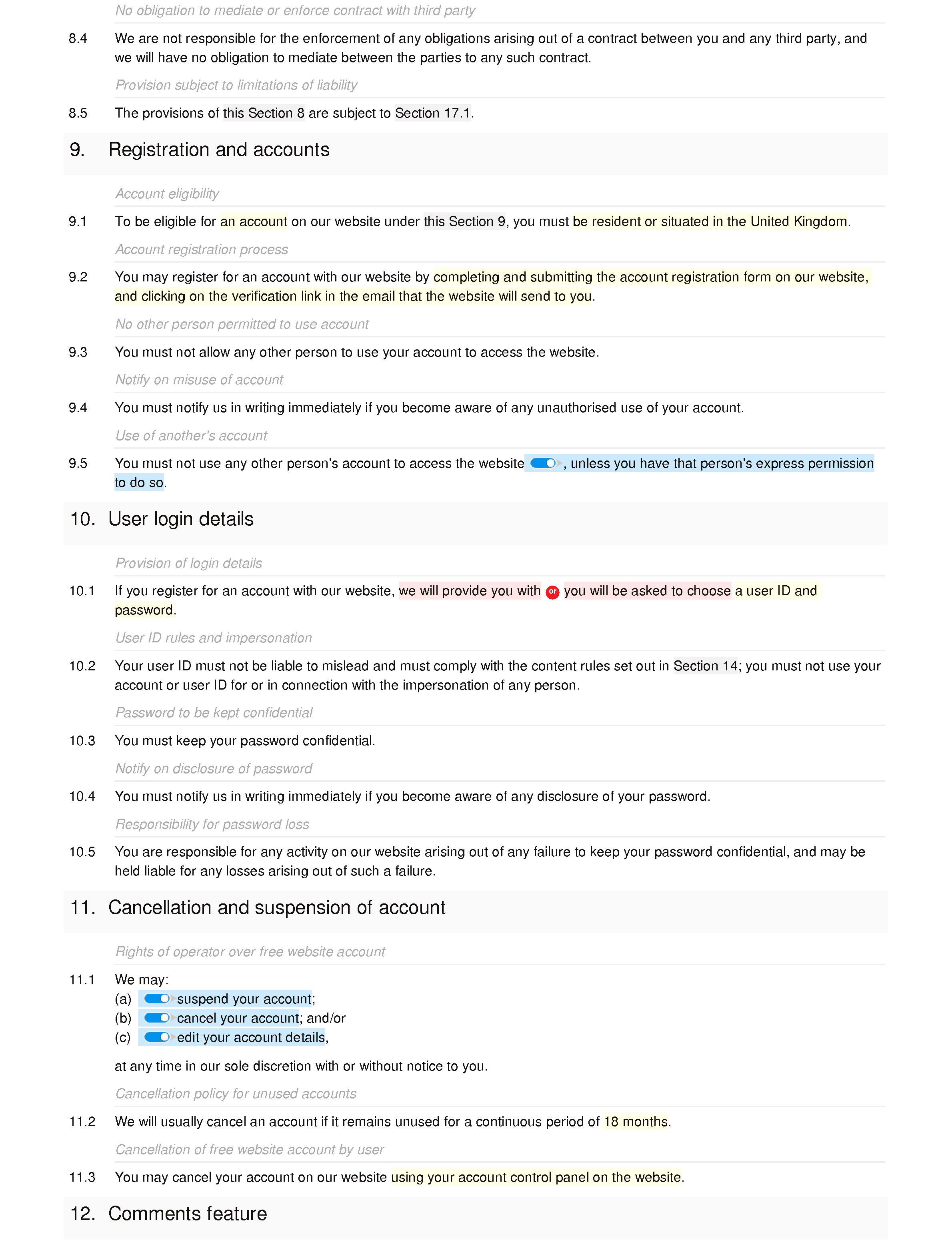 News and affiliate website terms and conditions document editor preview