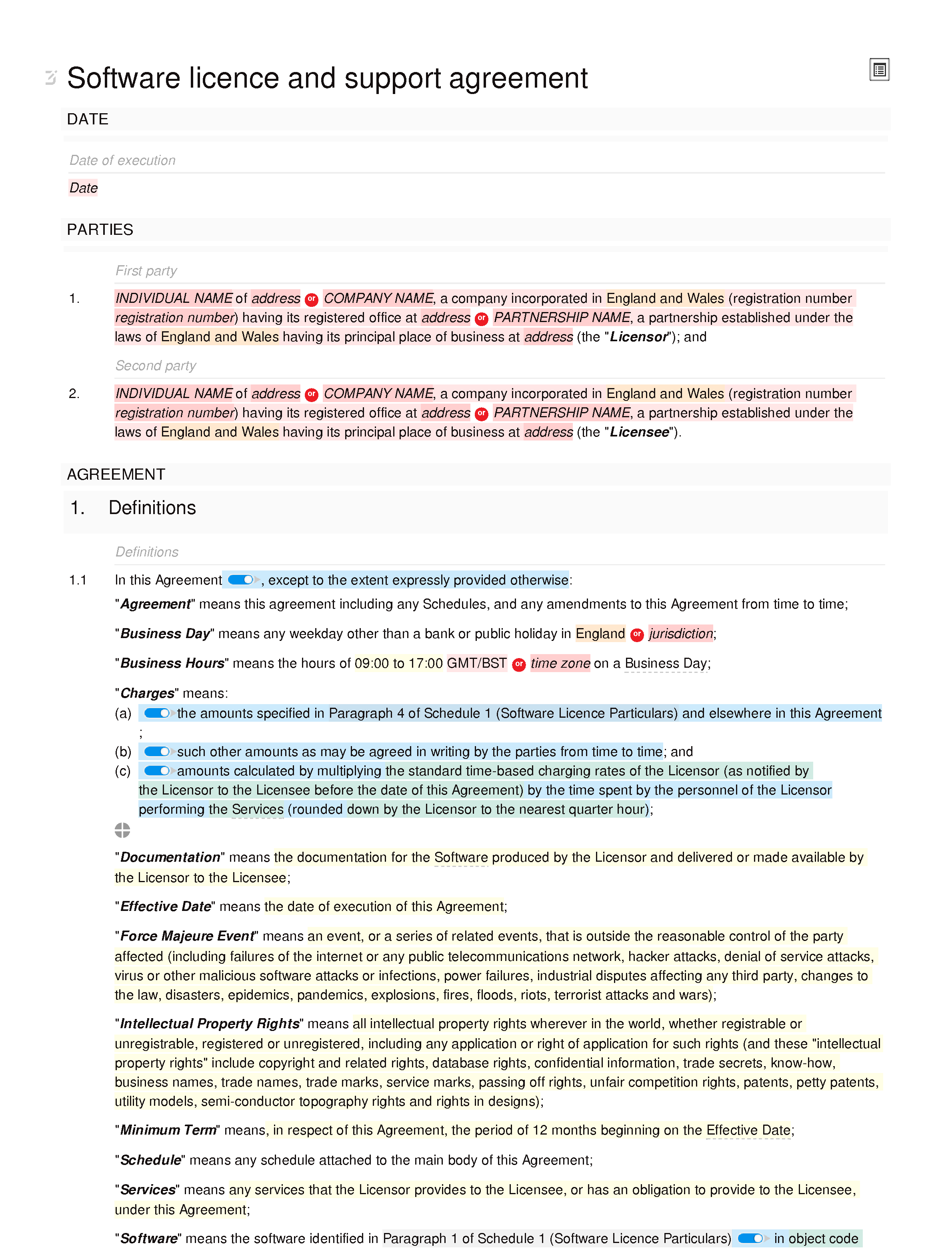 Software licence and support agreement (basic) document editor preview