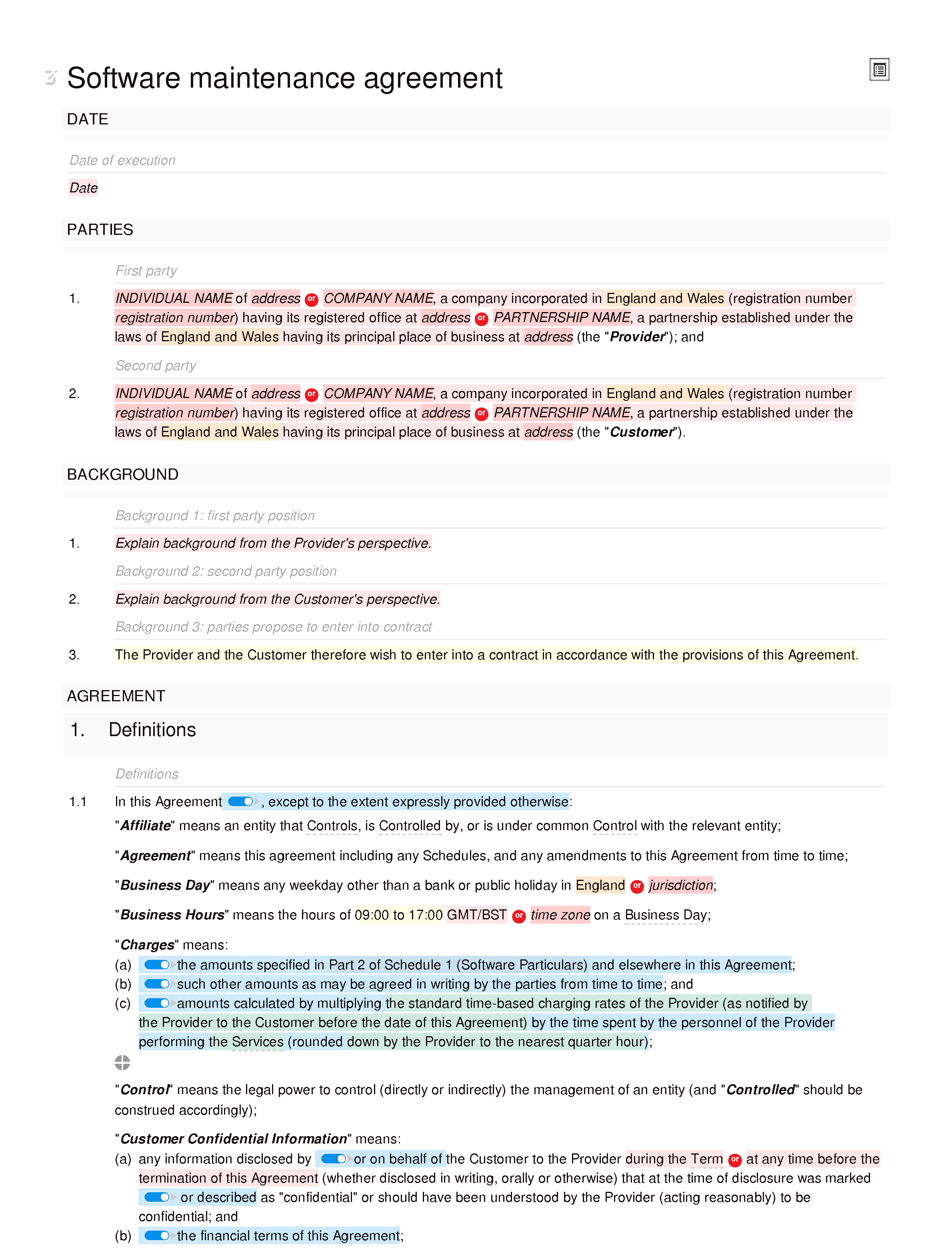 Software maintenance agreement (standard) document editor preview